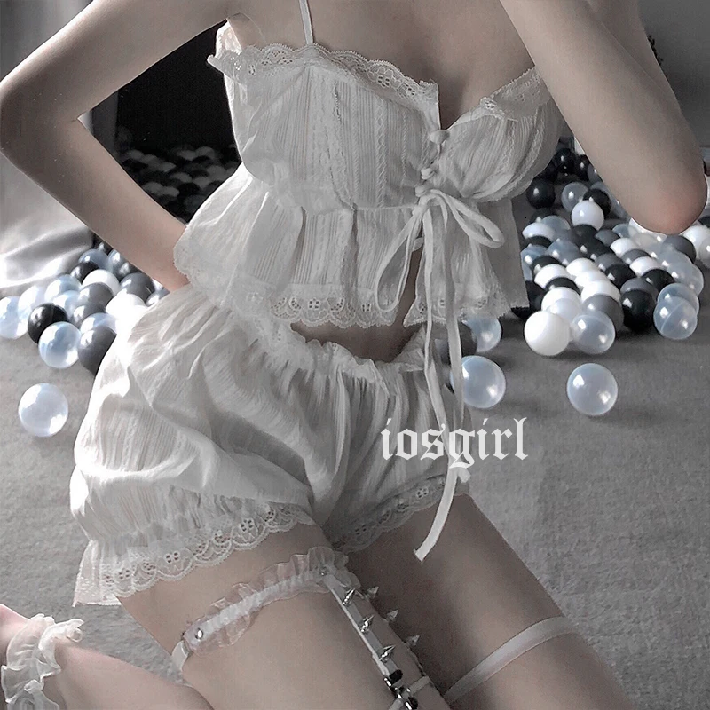 Sexy White Lingerie Set Lolita Ruffle Underwear Panties Bondage Nightwear Caitsuit Costume Transparent Dress Lolita Cosplay