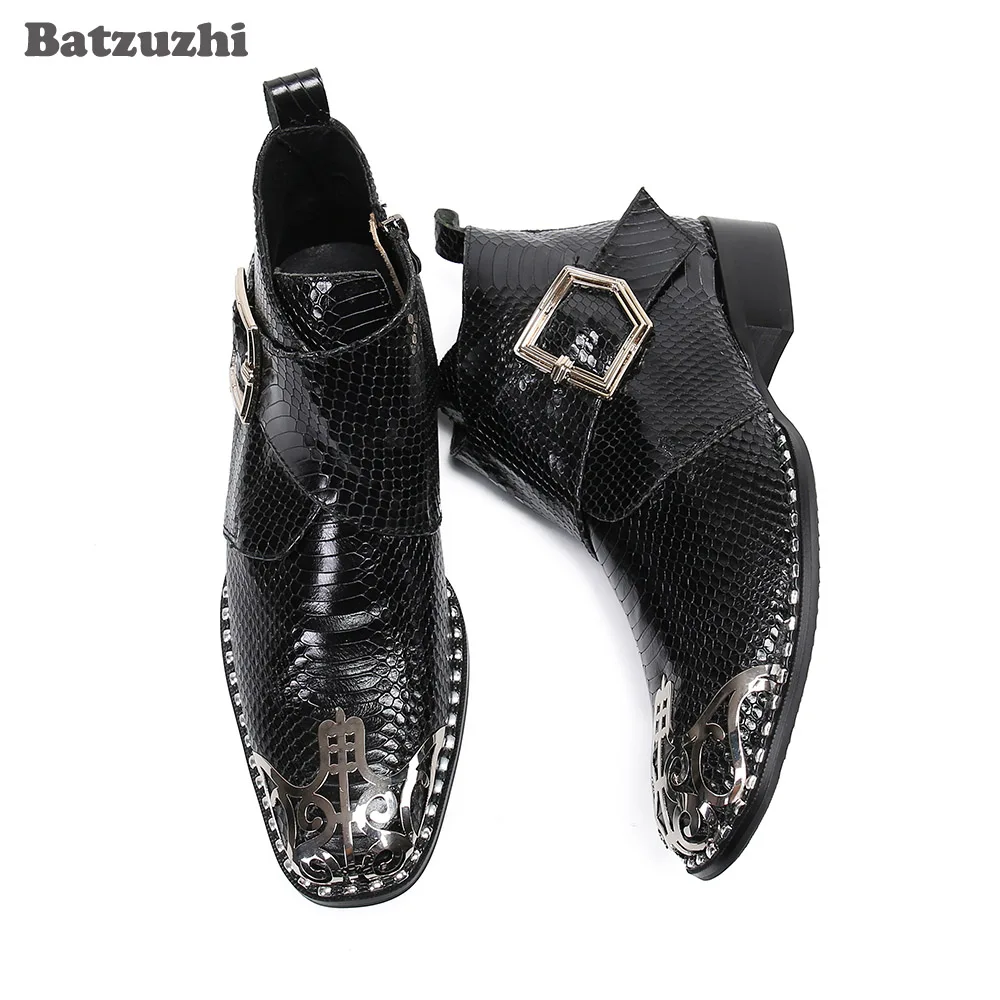

Batzuzhi-Men's Japanese Style Pointed Metal Toe Black Leather Ankle Boots, Formal Shoes, Business Boots, Short