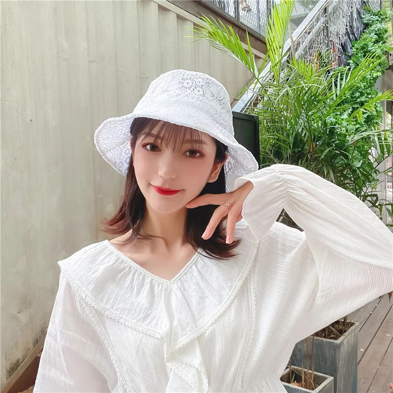 Sun Korean seaside Vintage Elegant Lace Bucket Hat Women Summer Beach Sun Hats Fashion Korean caps Breathable Fisherman cap