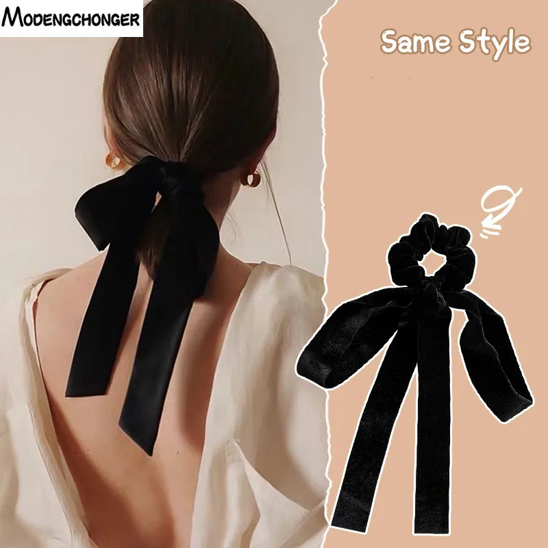 Moda w stylu Vintage czarna kokarda wstążka do włosów Scrunchie dla kobiet dziewczynki długa elastyczna opaska do włosów nakrycia głowy kobiece akcesoria do włosów