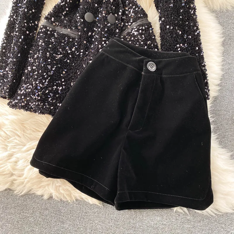 2024 spring autumn new double-breasted suit coat women bling glittering sequined suit jacket + wide leg shorts suit 2-piece set