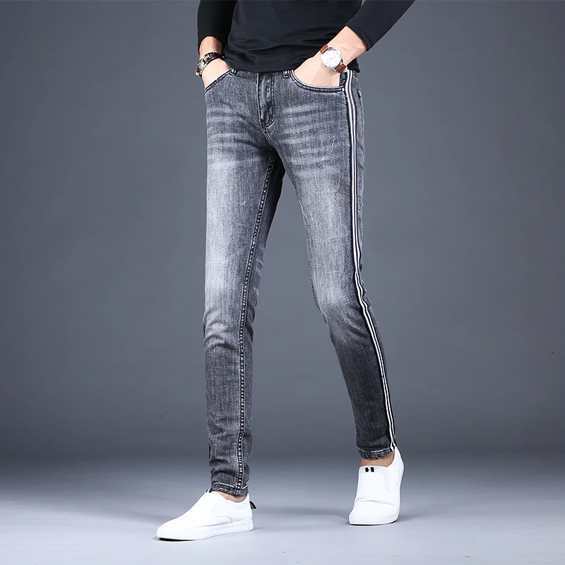Men's Gray Black Side Stripe Jeans Fashion Stretch Denim Slim Fit Pencil Pants Korean Style Trousers