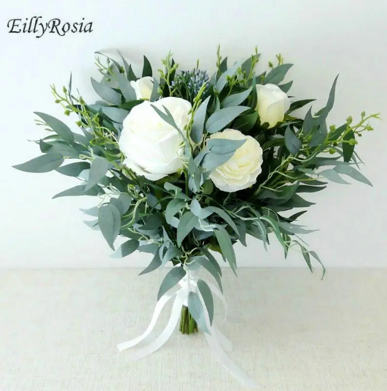 

EillyRosia Rustic Green White Bridal Bouquet Artificial Wedding Flowers for Bride Maid of Honor Holding Flowers Bridesmaid