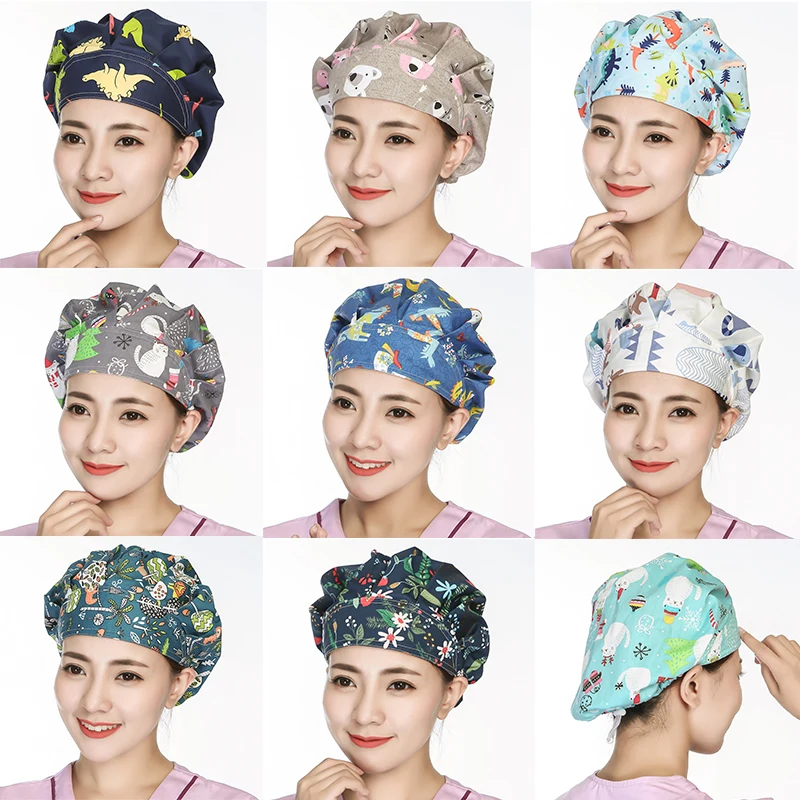 

Women Scrubs Caps Cartoon Flower Printed Adjustable Bouffant Caps Cotton Sweatband Washable Workwear Christmas Hats Accessories