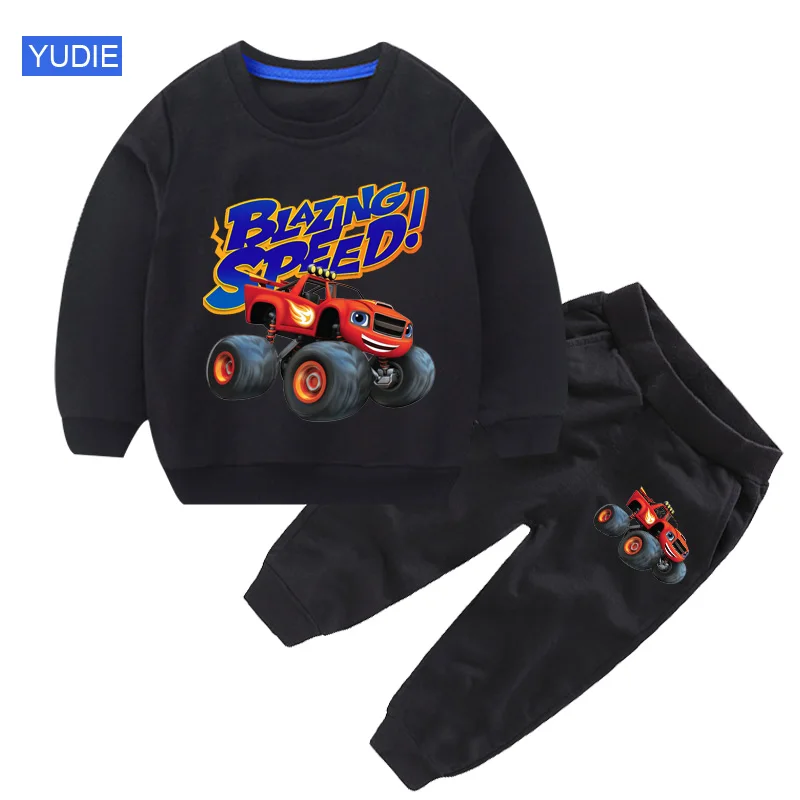 Conjunto de sudadera de manga larga para niño y niña, conjunto de sudadera de algodón con estampado de monstruo de dibujos animados de coches de velocidad