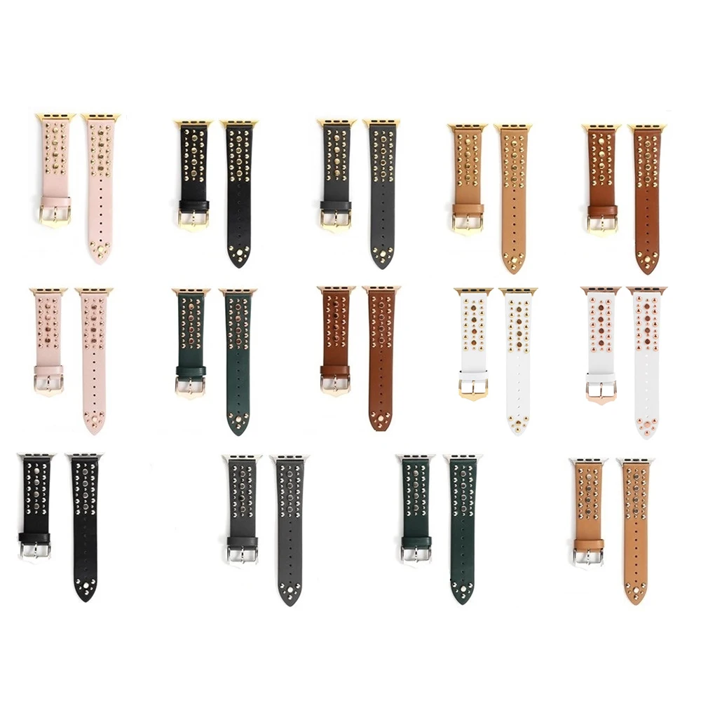 Studs Leather Watch Bands Sport Wristband Rivet Wristband Replacement Bracelet for Apple Watch Series 7/6/5/4/3 SE 38/40/42/44mm