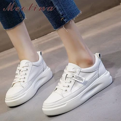 Meotina Platform Shoes Women Natural Genuine Leather Flat Casual Shoes Real Leather Lace Up White Sneakers Ladies Flats Spring