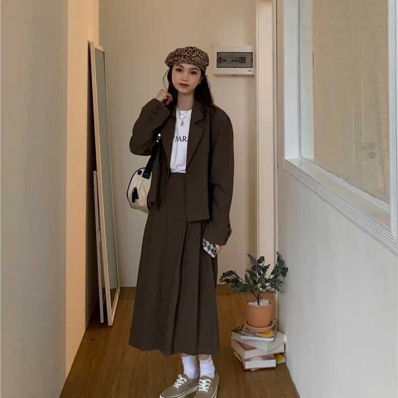 College School Uniforms Suit Japanese Style Jacket Pleated Skirt Korean Ladies Suit Blazer with High Waist Long Pleated Skirts