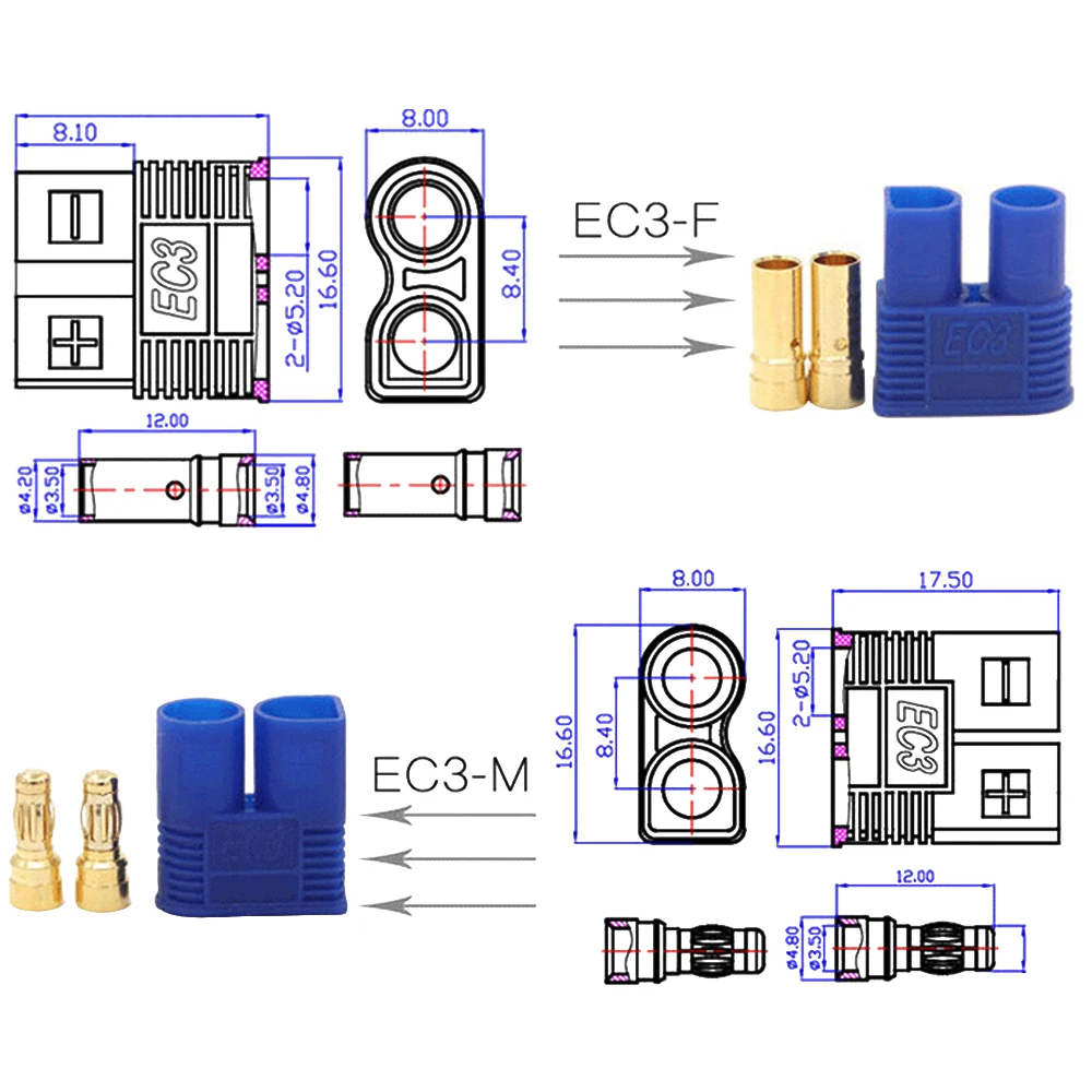 5set/Lot EC3 3mm/EC5 5mm Male Female Golden Bullet Connector Plug For RC ESC Motor Lipo Battery Car Airplane Boat Done DIY Parts