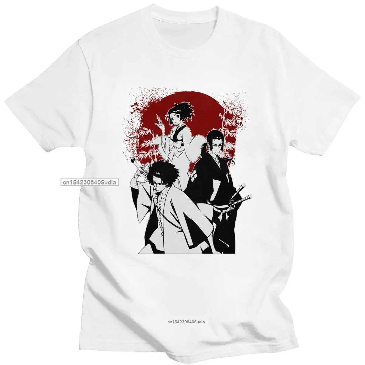 Trendy Samurai Champloo Tshirts Men Short Sleeves Pure Cotton Tee Crew Neck Japanese Manga Anime Lover T Shirt Mugen Top