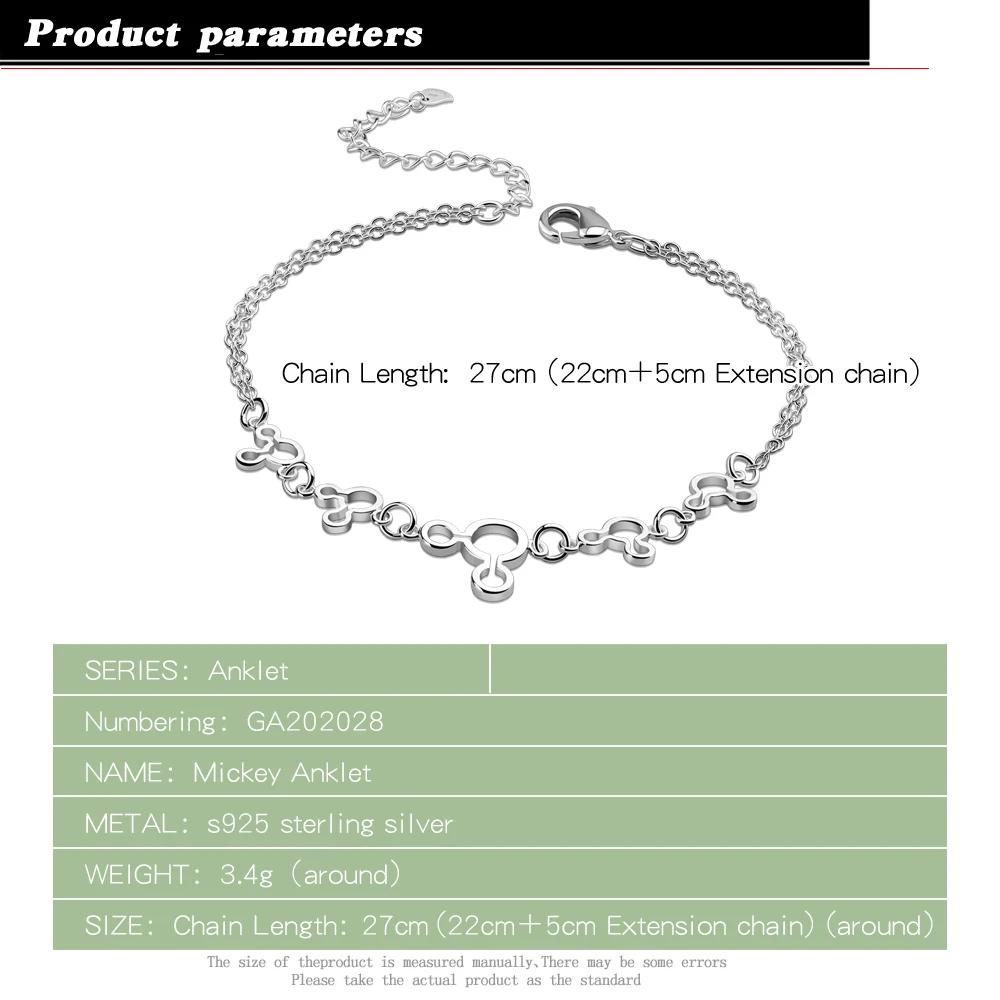 925 Sterling Silver Cute Mickey Anklet Bracelets For Women Lovely Silver Anklet Beach Popular New Jewelry Birthday Gifts Summer