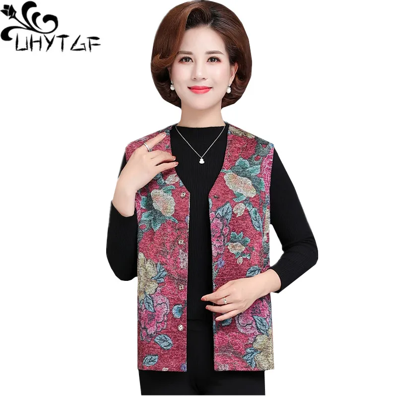 

UHYTGF Women Vest Fashion Printing Sleeveless Thin Spring Autumn Vests Waistcoat Single-Breasted V-Neck Loose Big Size Coat 858