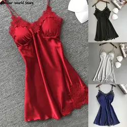 Senhoras sexy cetim de seda noite vestido sem mangas camisola com decote em v camisola de noite de renda pijamas para mulher S-XL