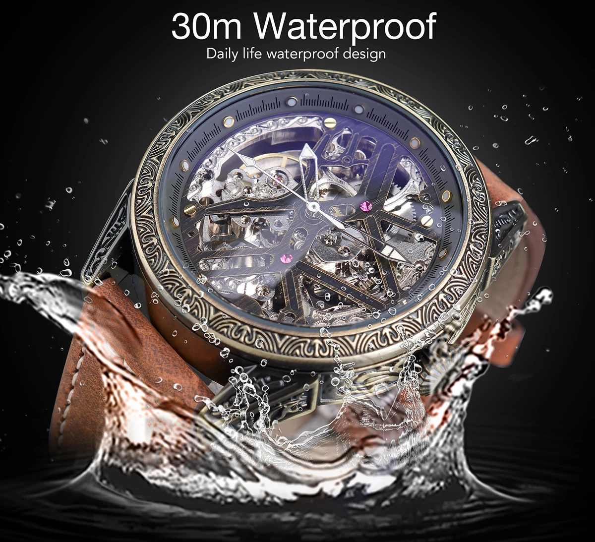 SHENHUA Bronze Transparent Skeleton Automatic Mechanical Watch Retro Steampunk Vintage Pattern Luminous Clock montres mécaniques