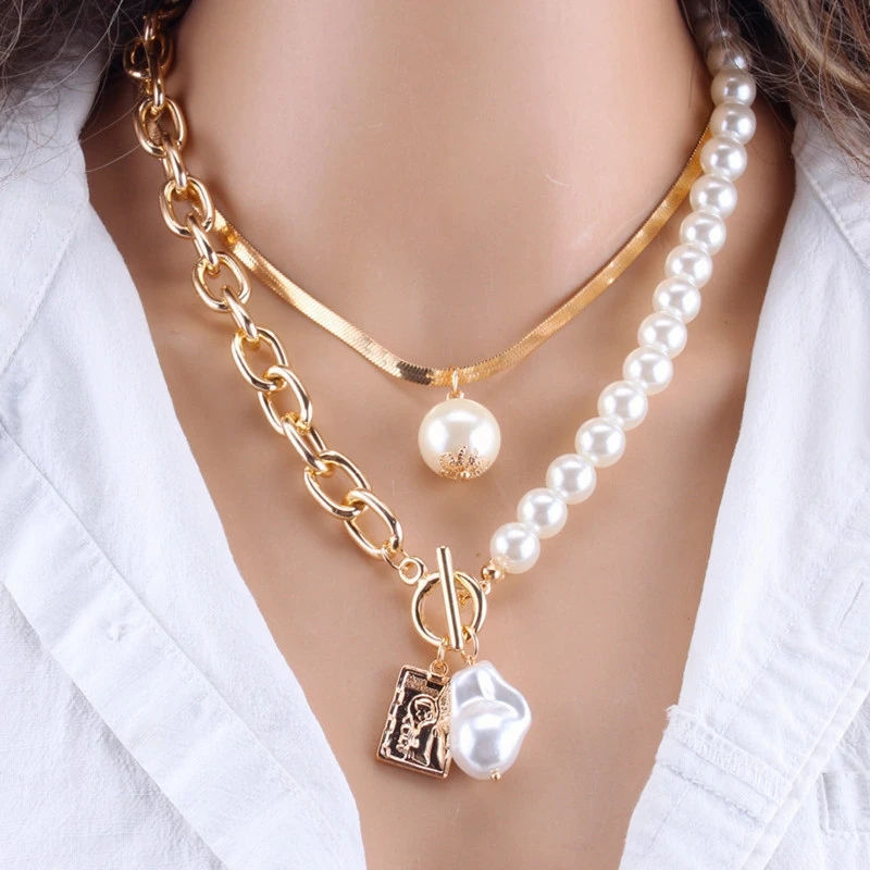 ZOVOLI Layered Punk Chain Necklace Key Lock Pendant Metal Imitation Pearl Necklaces Cuban Link Chain Goth Accessory For Women