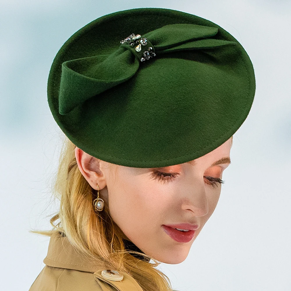 FS British Hats Women Fascinator For Church 100% Wool Felt Pillbox Hat Army Green Fedora Vintage Bow Wedding Ladies Derby Hat