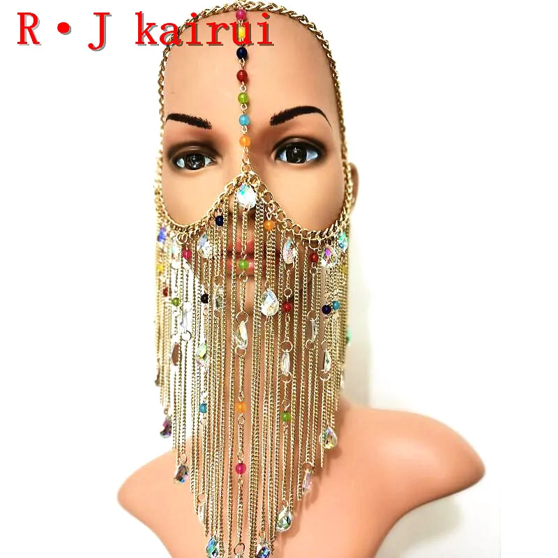 

New Fashion RJH024 Gold Chains Colorful Beads Heads Layers Custome Head Chains Jewelry Costume Jewelry