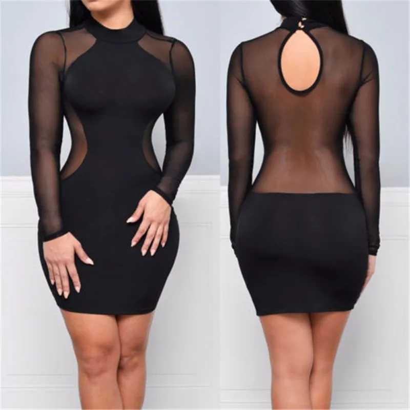 Sexy kobiety sukienka przepuszczalność Mesh bandaż Bodycon z długim rękawem kobiety odzież wieczorowa, Sexy odzież klubowa Sexy Mini sukienka w