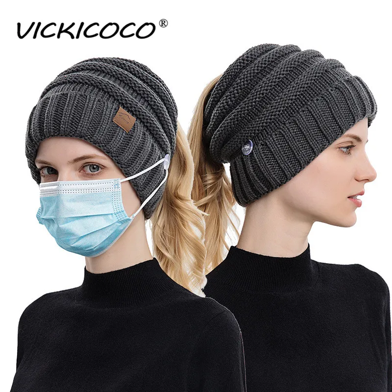 Winter Knitted Hats Ladies Hair Ponytail Caps Can Hang Masks Women Outdoor Warm Woolen Female Cap Skullies Bonnet