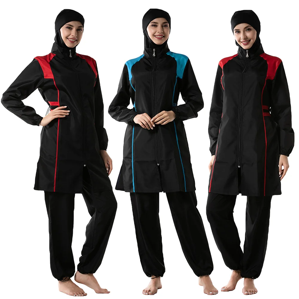 

Modest Muslim Women Hijab Swimsuit Zipper Swim Surf Wear Full Cover Burkini Islamic Arabic Bathing Suit Swimwear Maillot De Bain