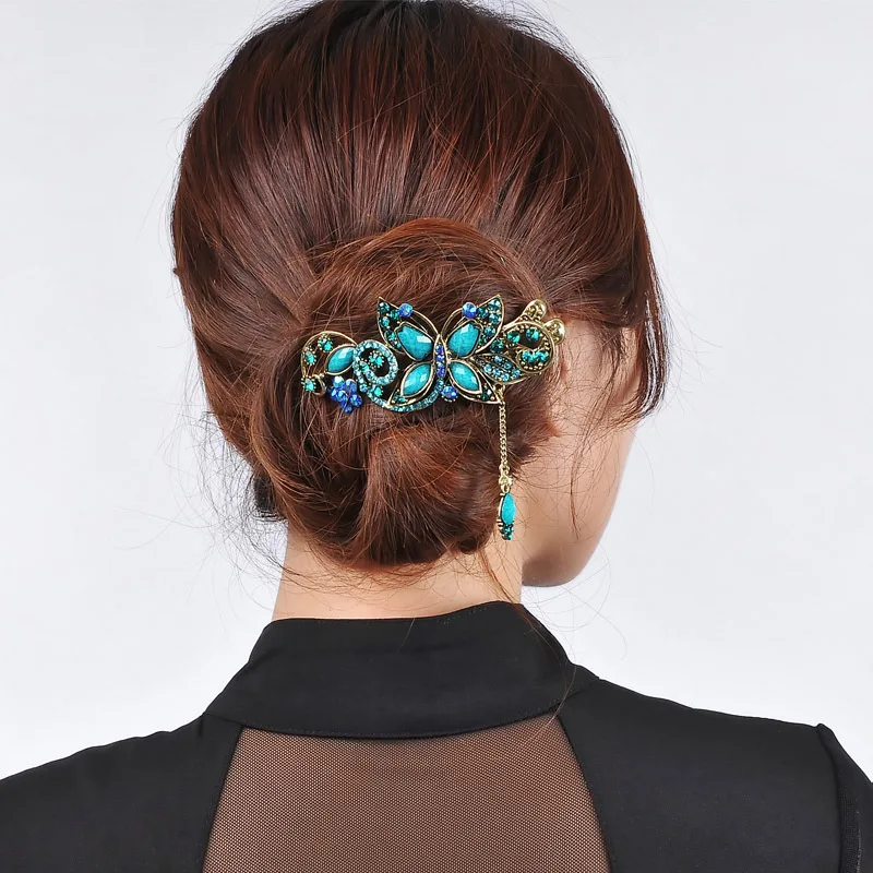 Classic Retro Ethnic Style Crystal  Hair Pins Bridal Headwear  Rhinestone Butterfly Hair Clips Women Hair Accessories Jewelry