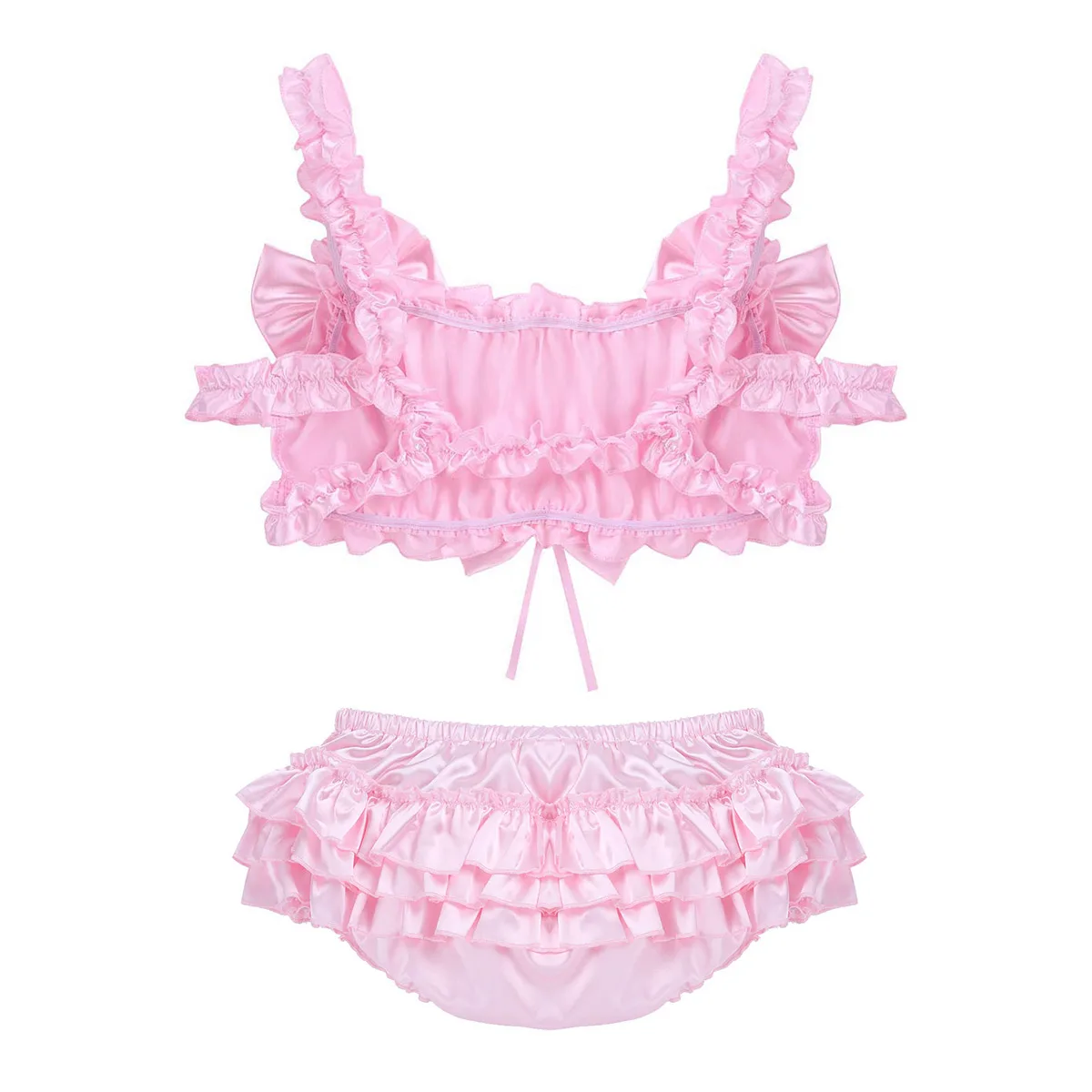 Men Sissy Satin Lingerie Set Ruffled Frilly Straps Wire-free Bra Top With Bloomer Tiered Skirted Panties Male Sexy Underwear