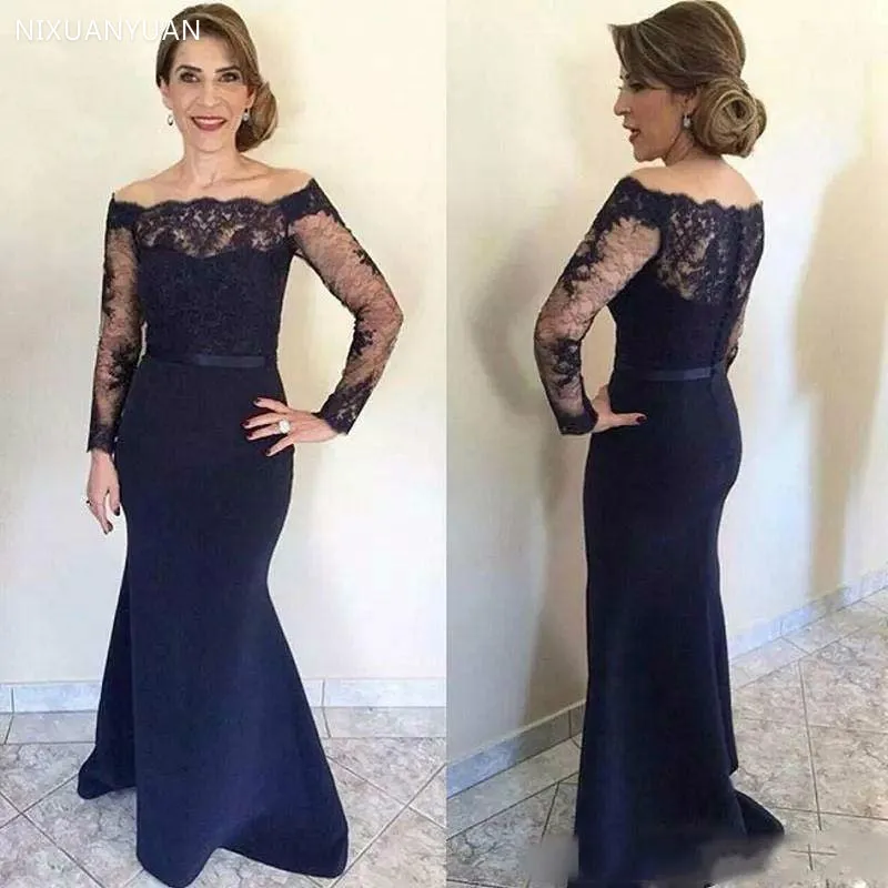 

Navy Blue 2023 Mother of The Bride Dresses Mermaid Long Sleeves Lace Plus Size Long Groom Mother Dresses for Weddings