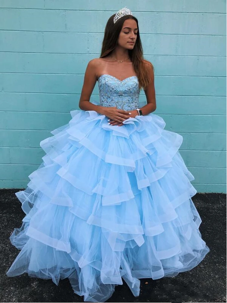 2020 Tiered Sweep Train Tulle Puffy Princess Evening Dresses Sweetheart Beaded Lace Up Back Party Gowns Sweet 16 Prom Dress