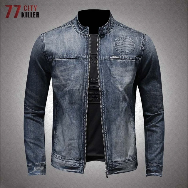 Stand collar denim jacket store