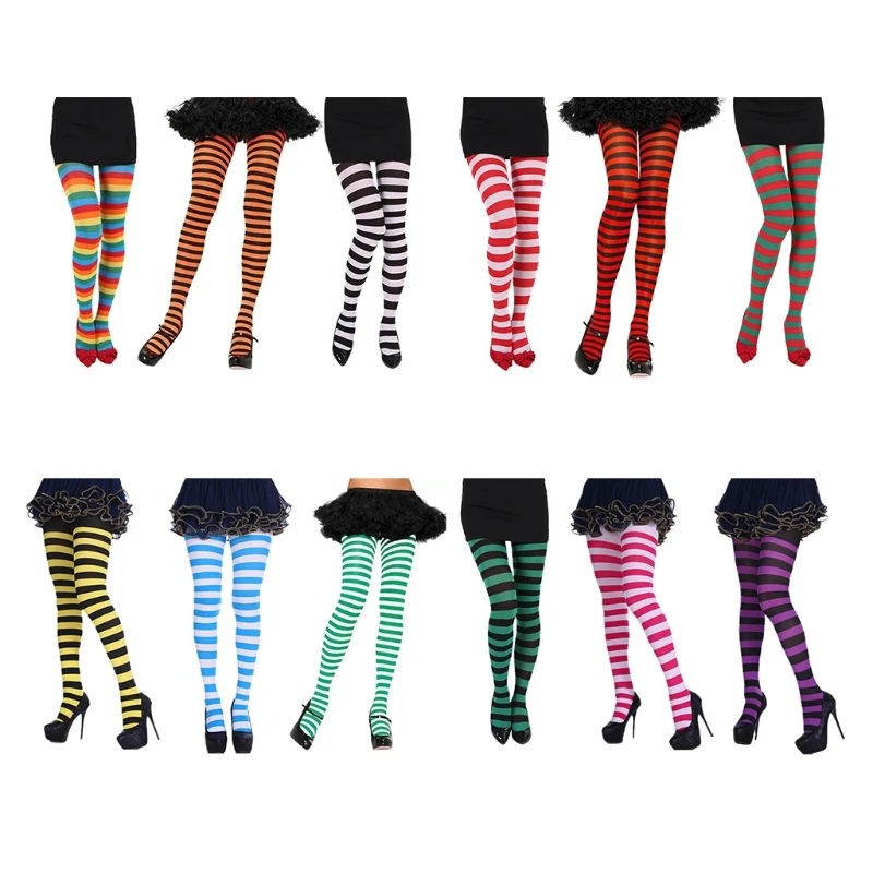 Women Girls Rainbow Multicolor Striped Tights Opaque Stockings Full Length Slim Pantyhose for Christmas Halloween Cosplay