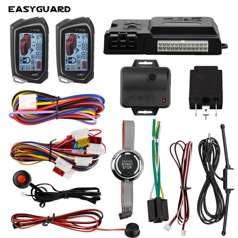 Easyguard 2 Way Car Alarm LCD Display With Induction Module Remote Start Push Button Shock Sensor Microwave Detection Warning