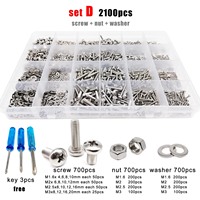 400/2100pcs M1.6 M2 M2.5 M3 M4 M5 304 Stainless Steel Cross Phillips Pan Round Head Screw Bolt Nut Washer Assortment Set Kit Box