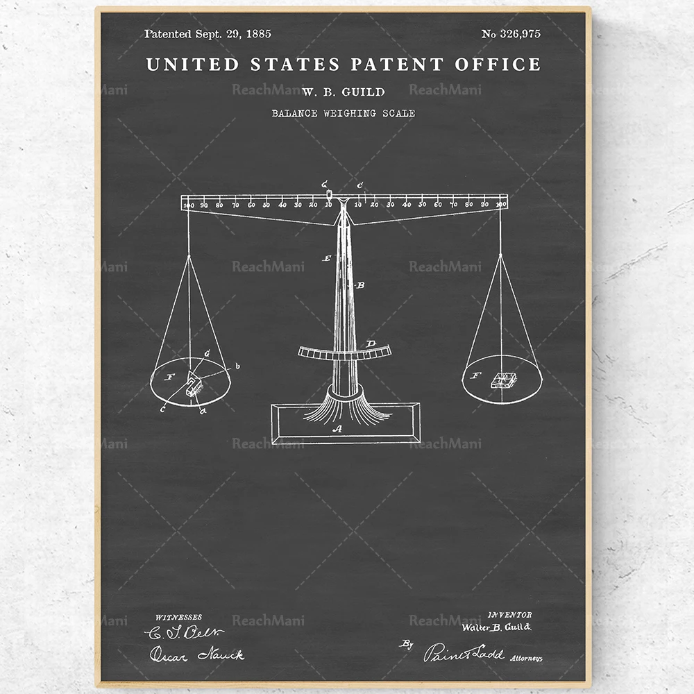 Balanced patent printing. Decorative office vintage. Blueprint wall art.