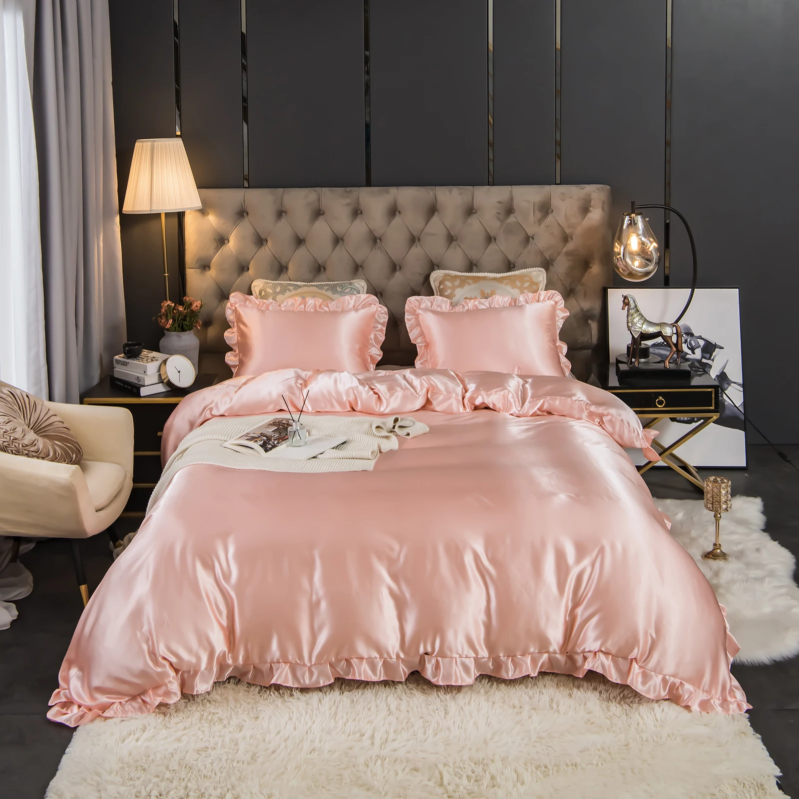 Pink Silk Satin Bedding Luxury Silky Ruffle Duvet Cover Set Shabby Chic Ruffle Lace Design Light Pink Dropshipers Bedding Sets