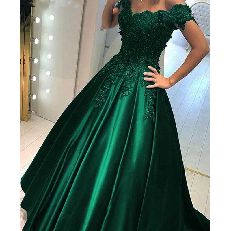 Emerald Green Evening Dress Off Shoulder A Line Satin Long Engagement Dress Beaded Lace Appliques Formal Occasion Gown