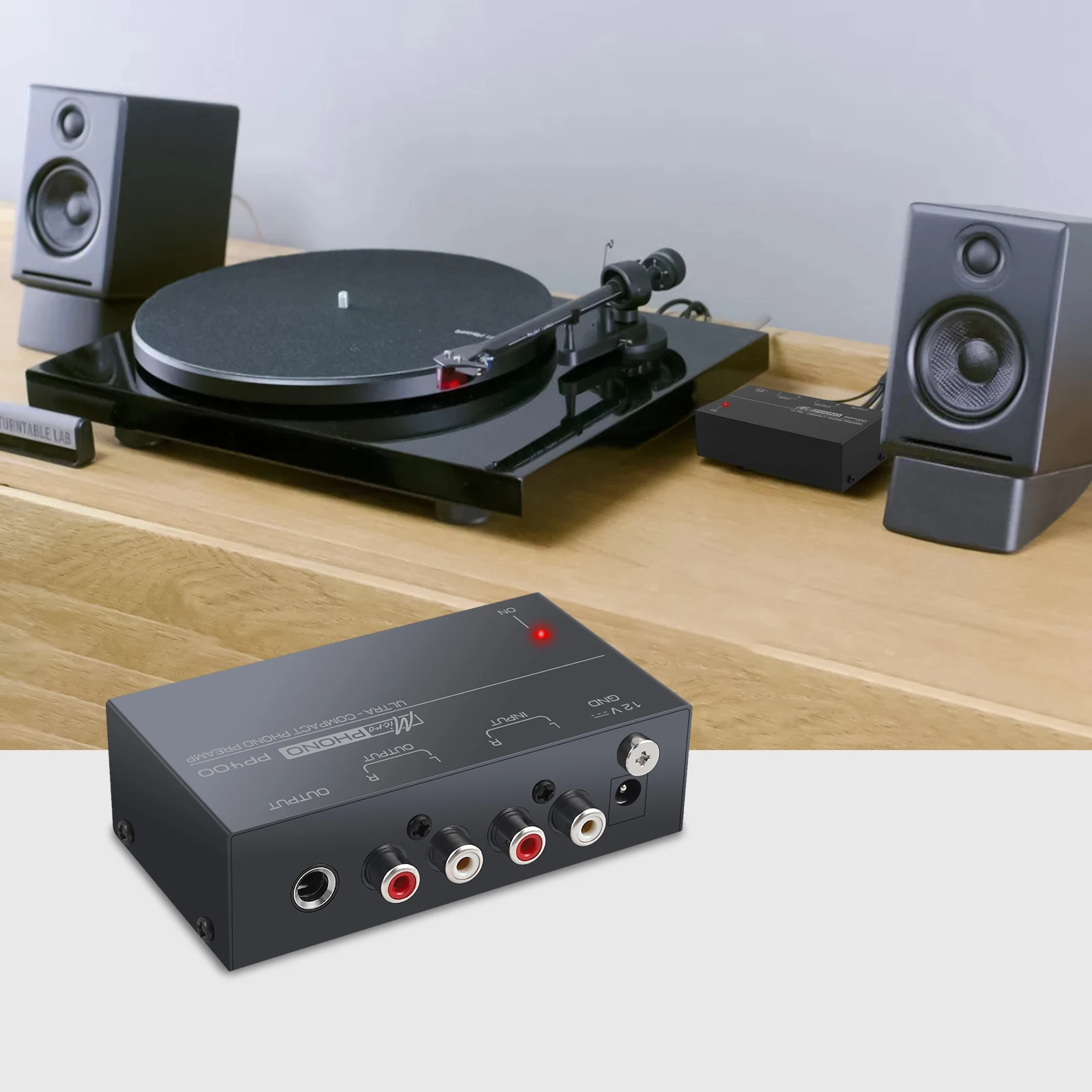 Prozor Phono Preamplifier Audiophile M/M Phono Preamp Preamplifier with 2 RCA Input & Output Ports with Power Adapter for PP400