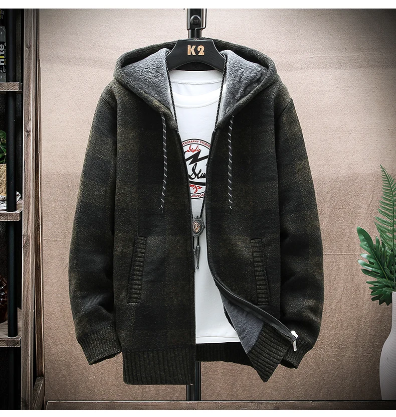 Männer Neue Winter Plaid Pullover Mit Kapuze Strickjacke Kalten Mantel Wolle Zipper Jacke Herbst Fleece Warme Kleidung Karierten Stricken Jumper – Detail 9