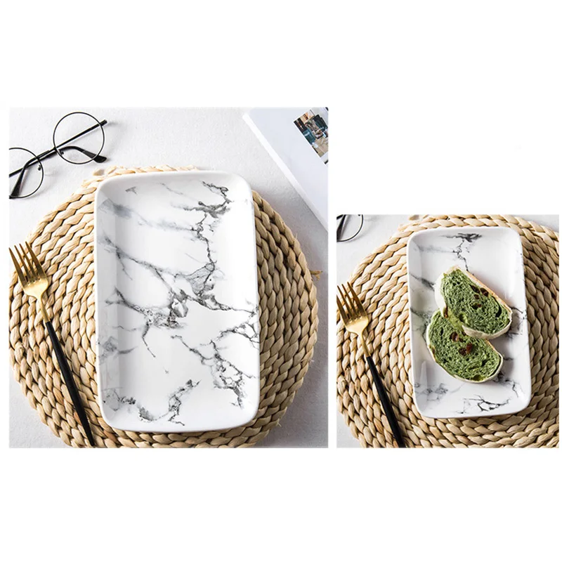 Black and White Marble Plate Dinner Plates, Ceramic Creative Square Dinnerware, Household Rice Bowl Tableware, Nordic Dishes