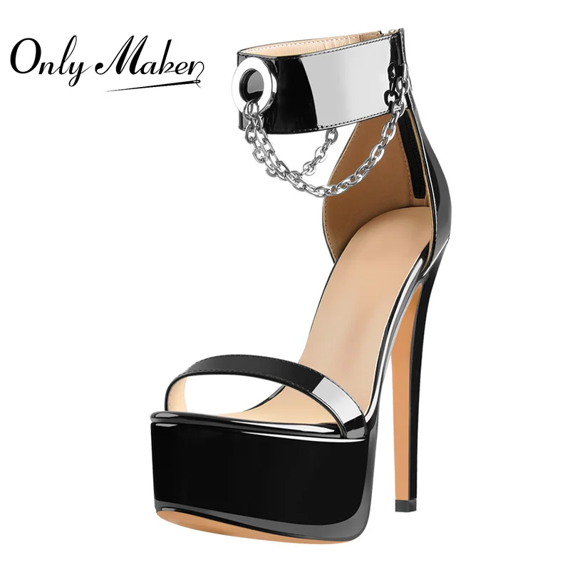 Onlymaker Platform Sandals Peep Toe Thin High Heels Patent Leather Black Geometric Metal Chain Decoration Zipper Sandals