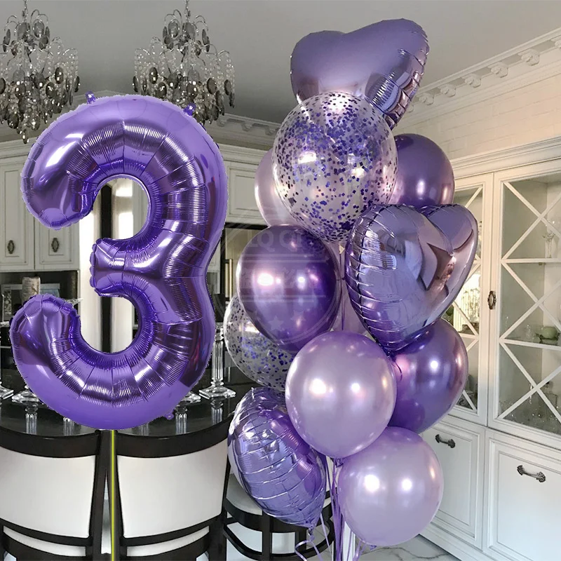 12pcs boy Girl Birthday Balloons 40inch Purple Number baloon 3rd Birthday Party Decoration Kids anniversaire 9/1/3 years old