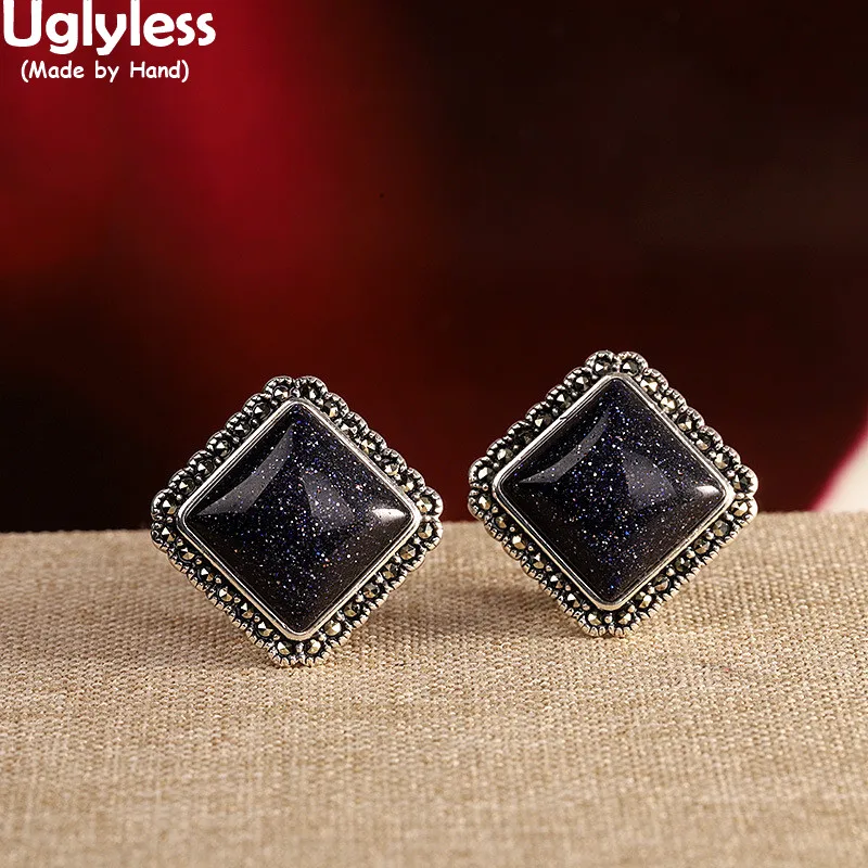 Uglyless Marcasite Square Earrings Studs for Women Multi Colorful Chalcedony Earrings Thai Silver 925 Silver Brincos Retro Jewel