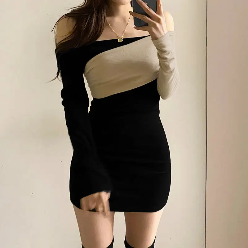 

2021 summer new dress women's thin collarbone exposed sexy hip wrap skirt scheming temperament open shoulder bottomed skirt