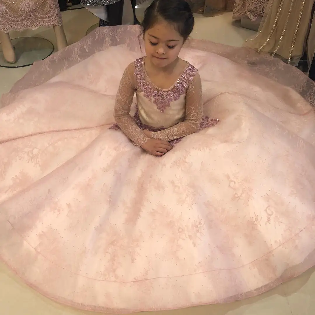 Elegante vestido de flores con cuentas para niñas, cuello redondo de encaje de manga larga, vestidos de fiesta de cumpleaños para niños, apliques de cristal, boda para niños