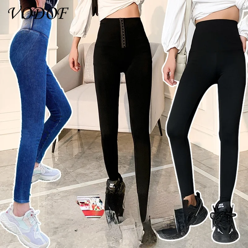 

VODOF Women Jeans Pencil Pants Sand Washed Stretch Jeans Leggings Korean Pocket Red Line Leggings Magic Black Gray Jeggings