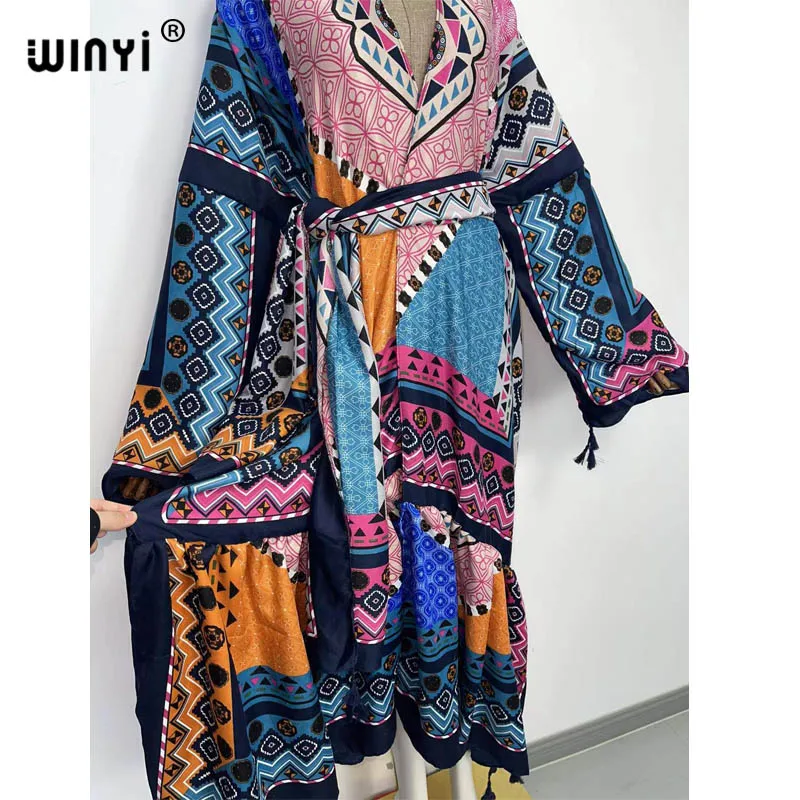 Europa WINYI donna kimono moda Vintage Totem floreale caftano stampa vita sigillo camicia Midi abito manica lunga abiti Casual