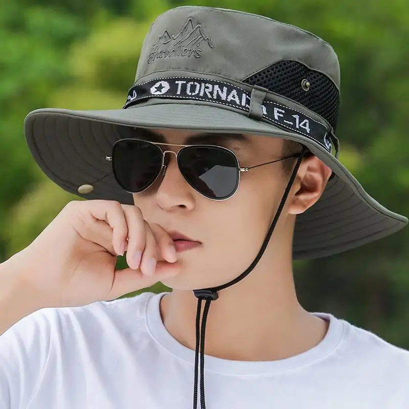 Men Summer Flat Big Brim Sunscreen Bucket Cap Outdoor Sports Fishing Fisherman Hip Hop Cycling Cowboy Sun Hat U28