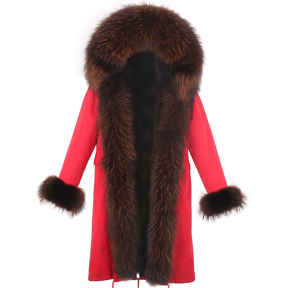 X-Long Streetwear Winter Women Natural Fur Jacket Real Fox Fur Coat Thick Warm Parka Raccoon Fur Lining Outerwear Detachable