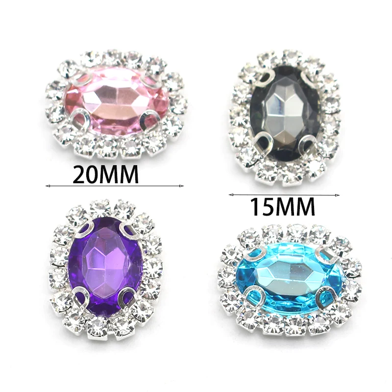 Silver 4 Holes 10pcs/lot Oval Shiny Rhinestone Buttons Crystal Wedding Decoration Hair Accessories Clothing Hand-sewn 15*20mm