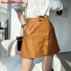 Classic Simple Imported Lambskin Shorts For Women Femme Elastic Waist Wide Leg Pocket Bermuda Leather Pants Mujer Slim Trousers