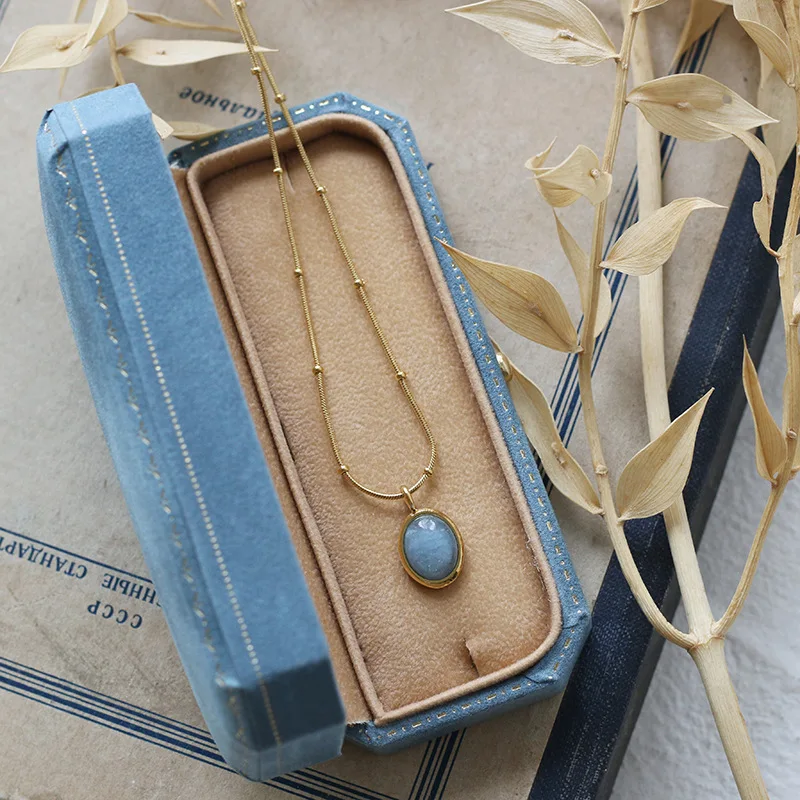 Natural Aquamarine Pendants Necklaces Titanium Steel Natural Stone Clavicle Chain Pendants Necklaces for Women Vintage Jewelry